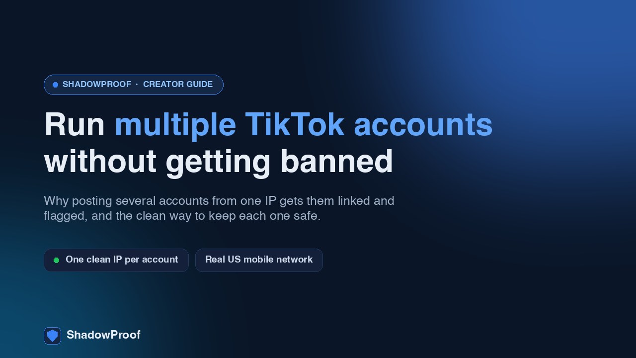 Two phones side by side showing separate TikTok accounts on clean US mobile IPs