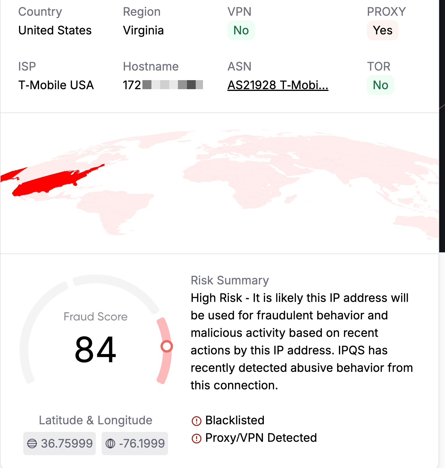 IPQualityScore result for a competitor's T-Mobile proxy IP: fraud score 84, blacklisted, proxy detected